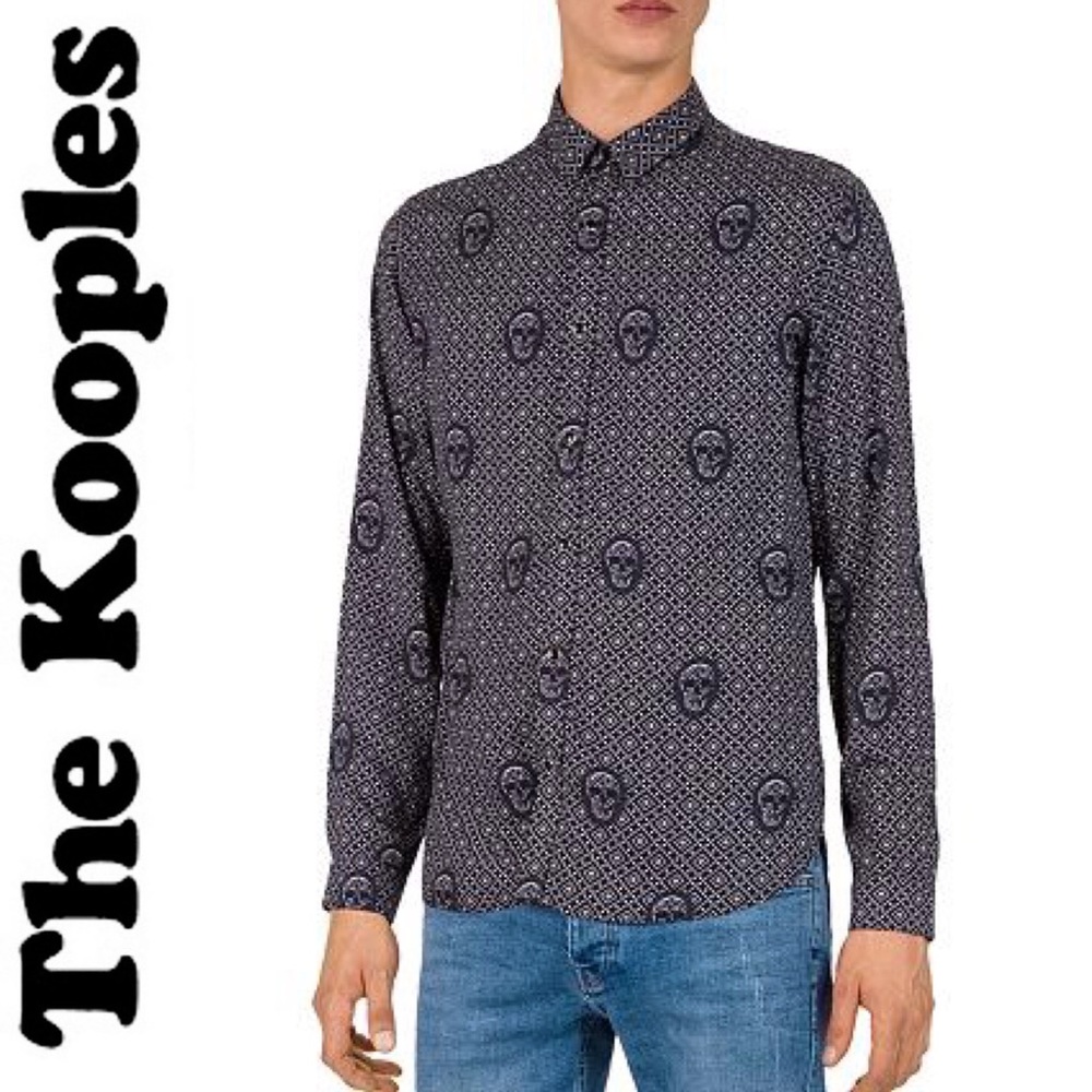 The Kooples Relief Skull Slim Fit Snap Button Down Shirt Black White Print M
